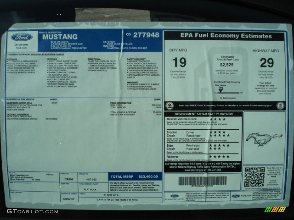 2012 Ford Mustang V6 Coupe Window Sticker Photo #61286927