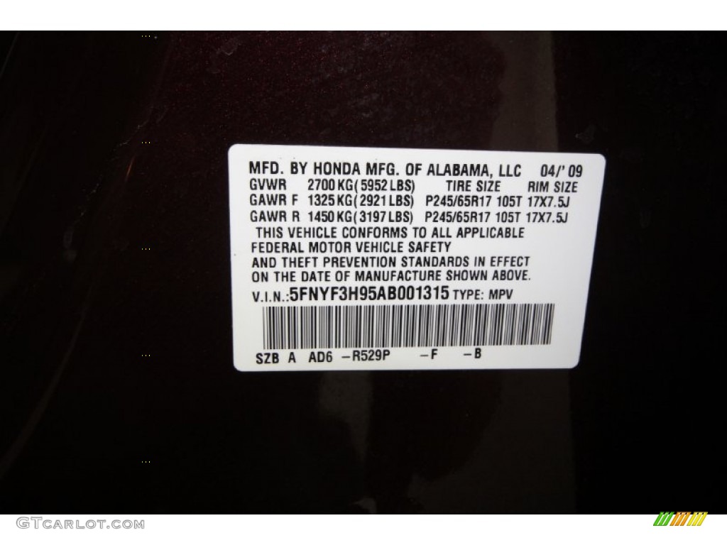 2010 Pilot Color Code R529P for Dark Cherry Pearl Photo #61301405