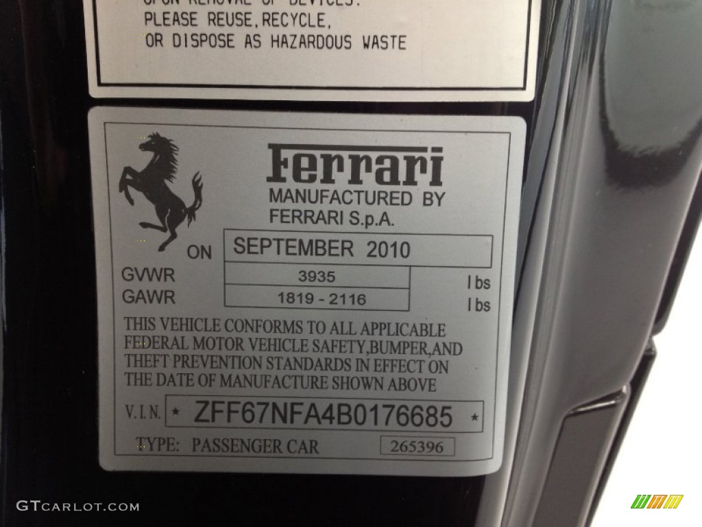 2011 Ferrari 458 Italia Info Tag Photo #61310093