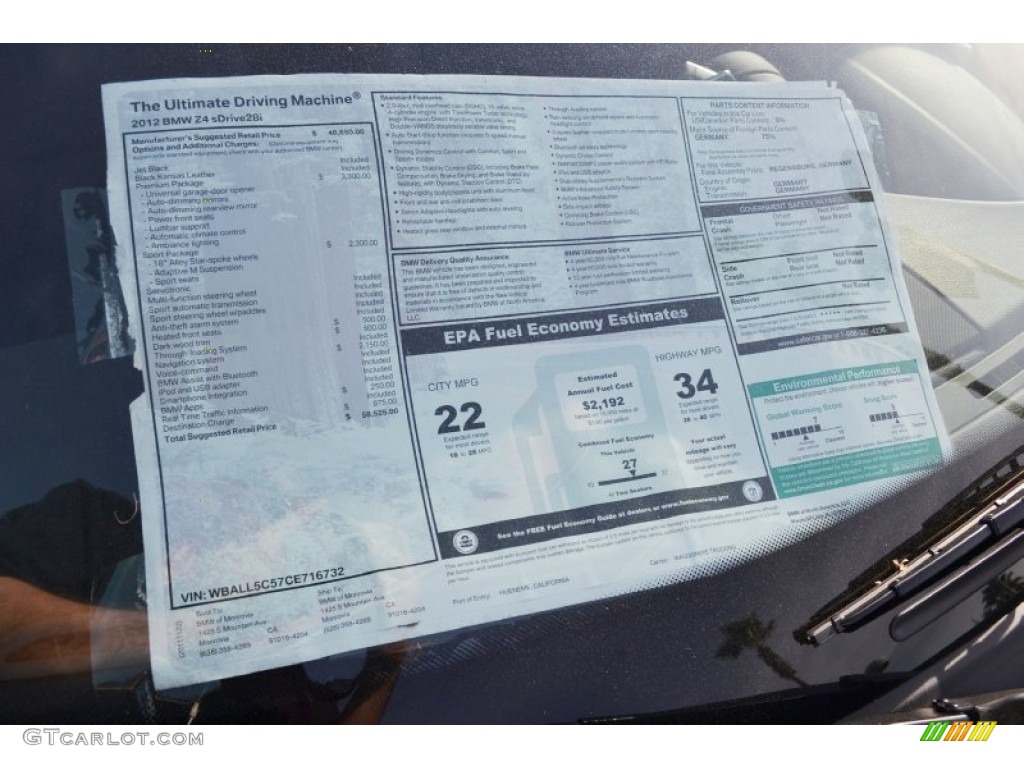 2012 BMW Z4 sDrive28i Window Sticker Photo #61329017