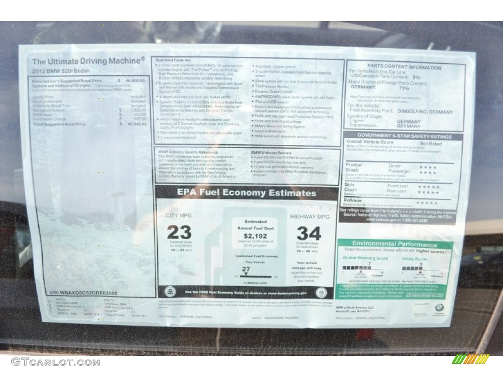 2012 BMW 5 Series 528i Sedan Window Sticker Photo #61329196