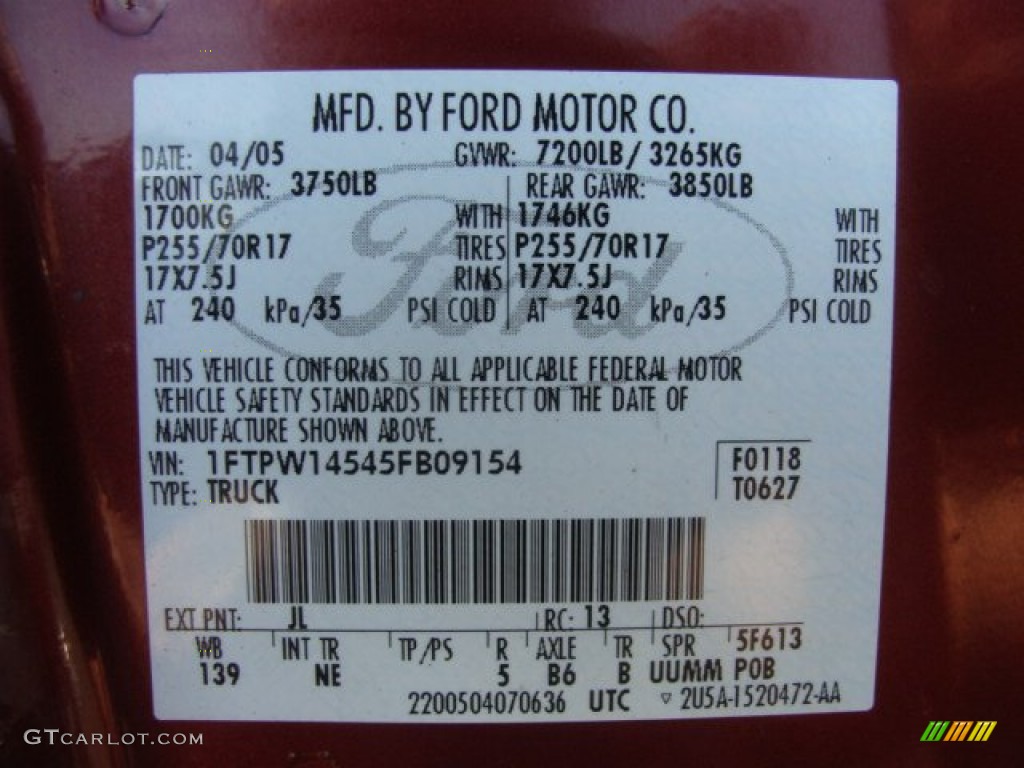 2005 F150 Color Code JL for Dark Toreador Red Metallic Photo #61351488