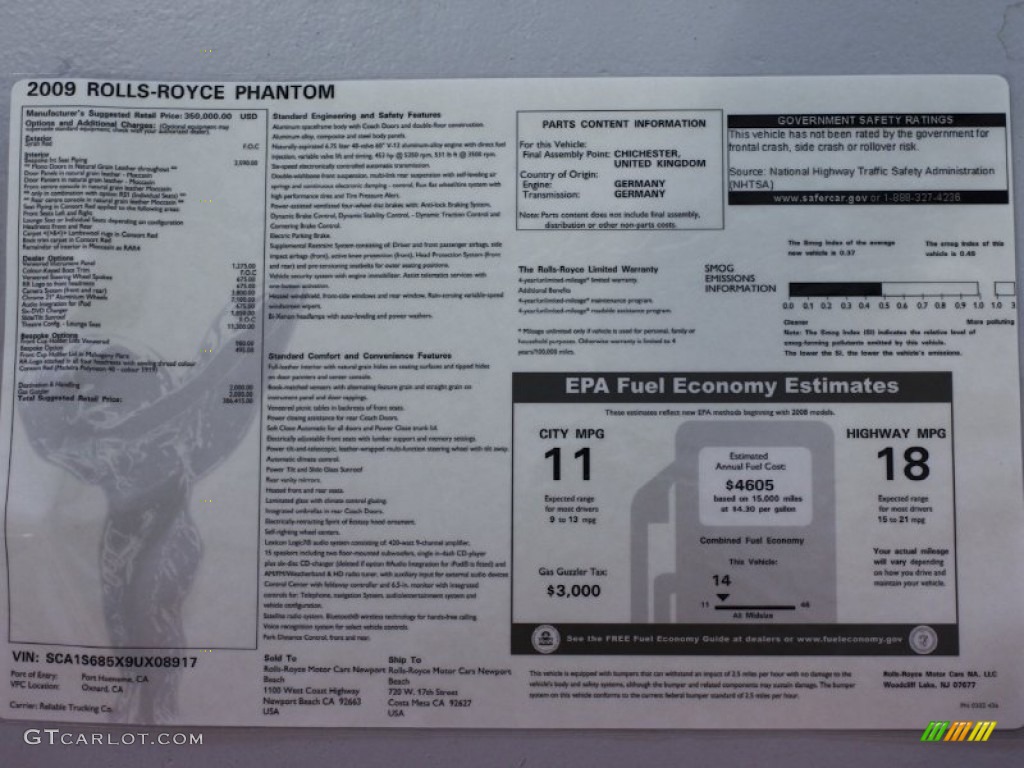 2009 Rolls-Royce Phantom Sedan Window Sticker Photo #61364718