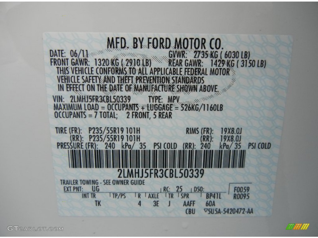 2012 MKT Color Code UG for White Platinum Metallic Tri-Coat Photo #61366881