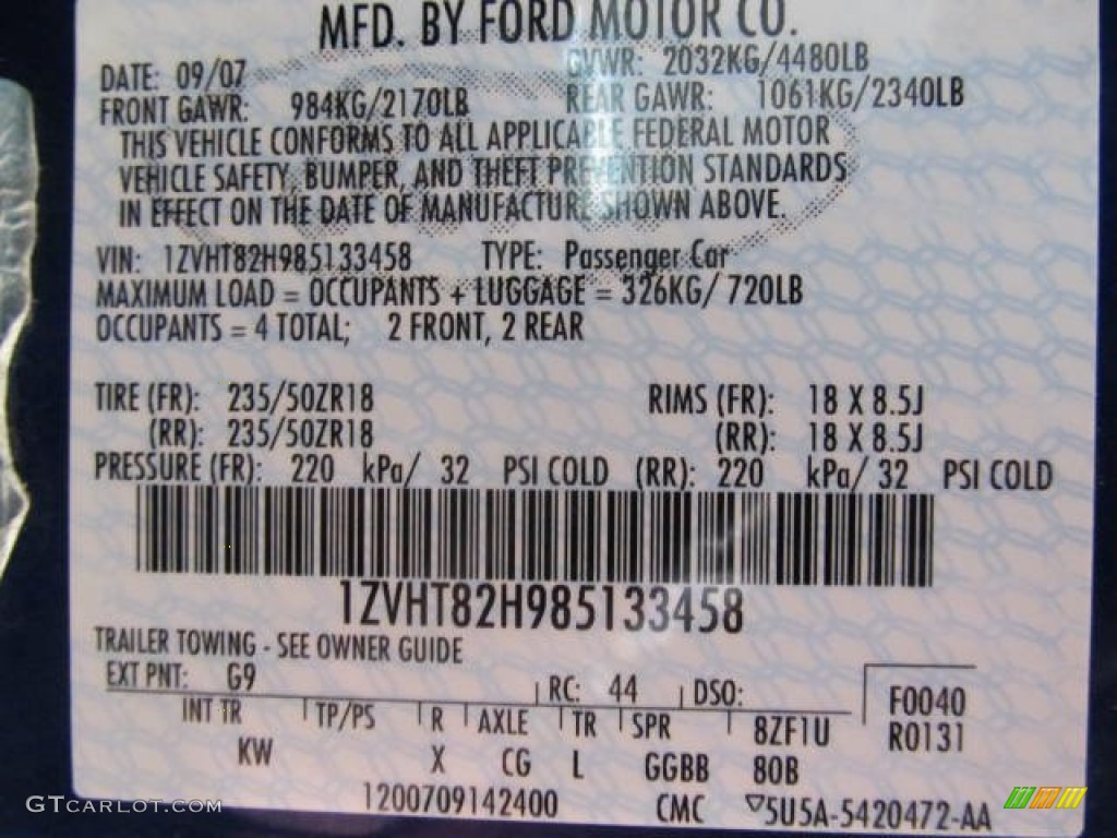 2008 Mustang Color Code G9 for Vista Blue Metallic Photo #61370382