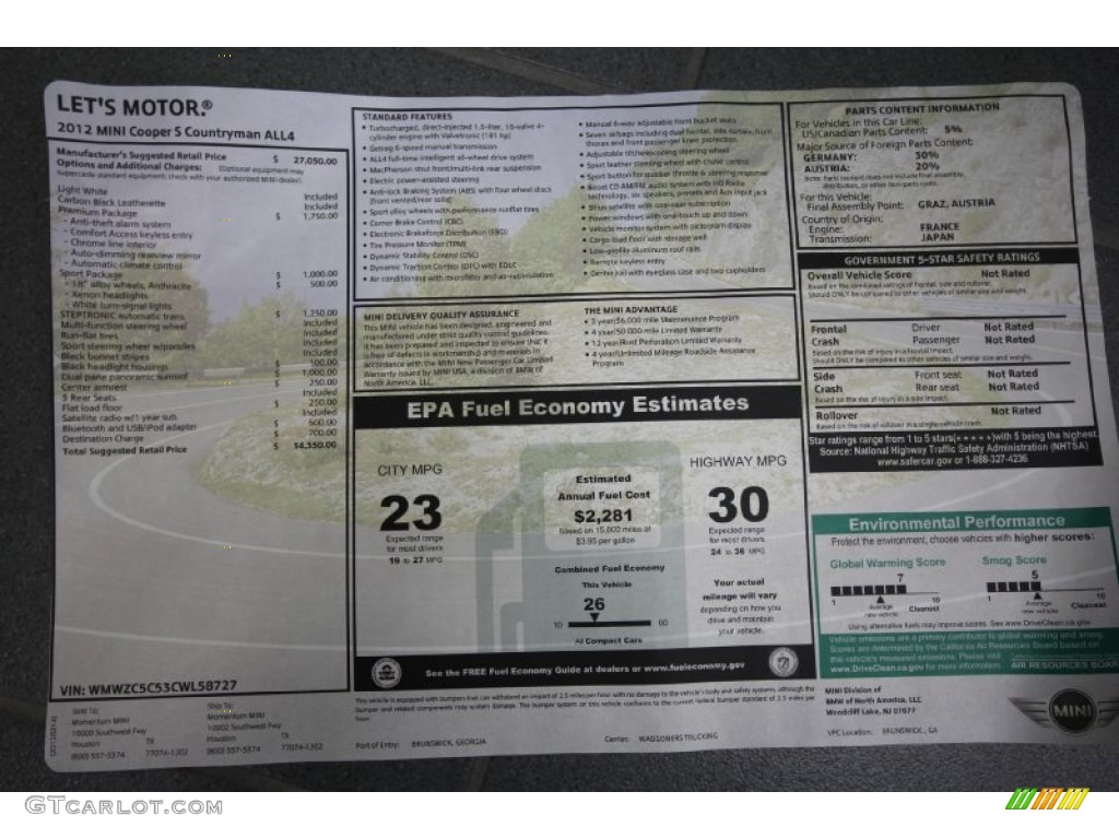 2012 Mini Cooper S Countryman All4 AWD Window Sticker Photo #61374984