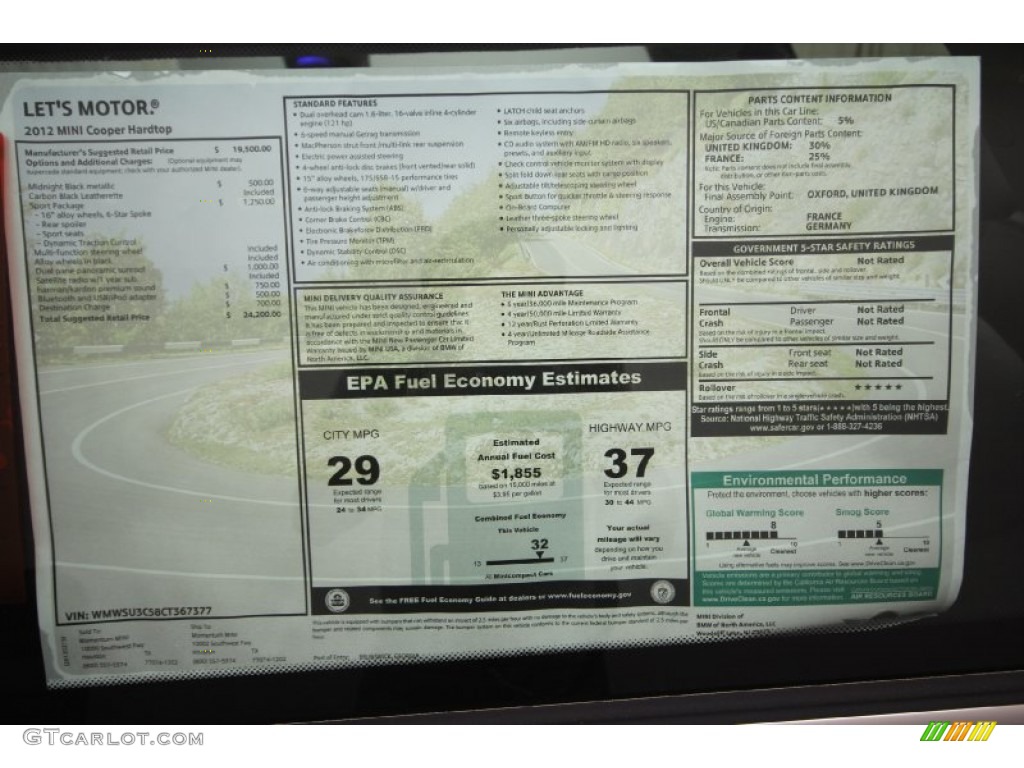 2012 Mini Cooper Hardtop Window Sticker Photo #61375155