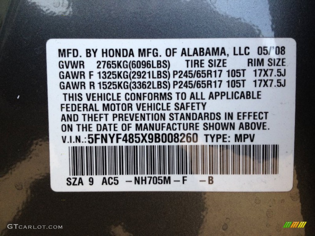 2009 Pilot Color Code NH705M for Nimbus Gray Metallic Photo #61375812