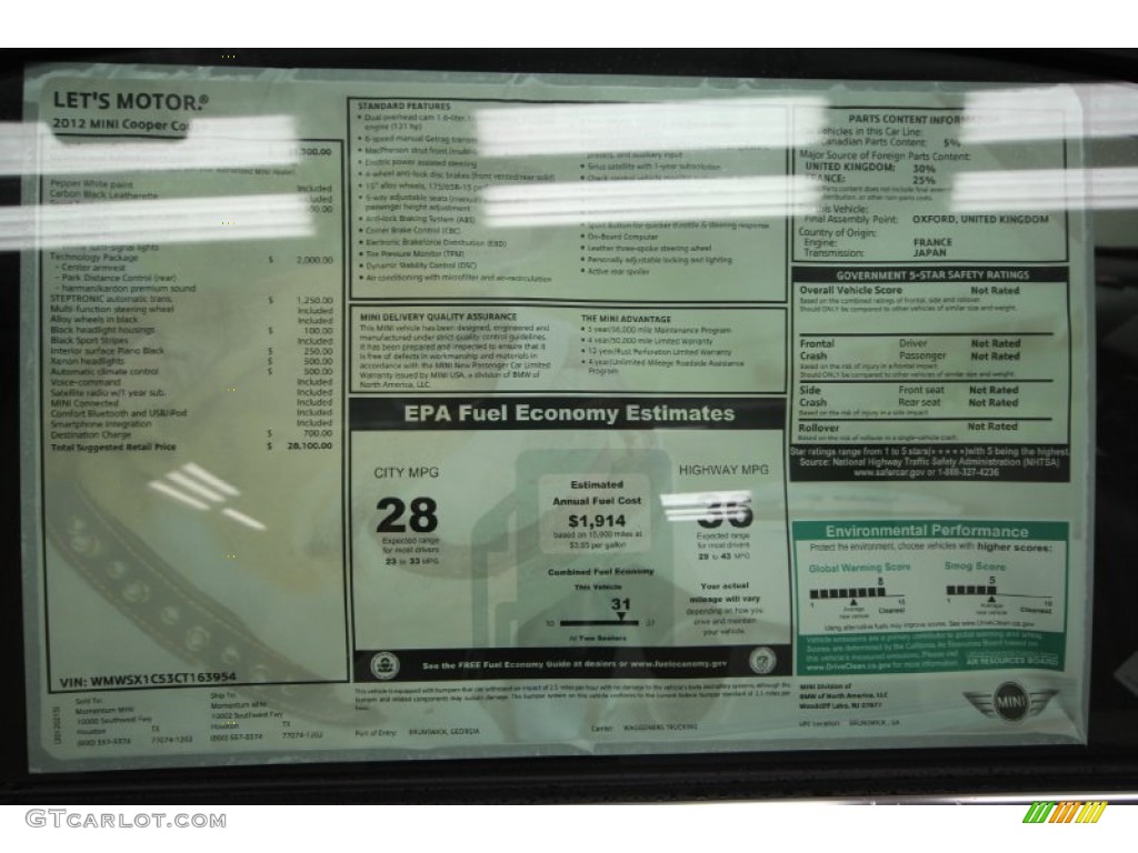 2012 Mini Cooper Coupe Window Sticker Photo #61375977