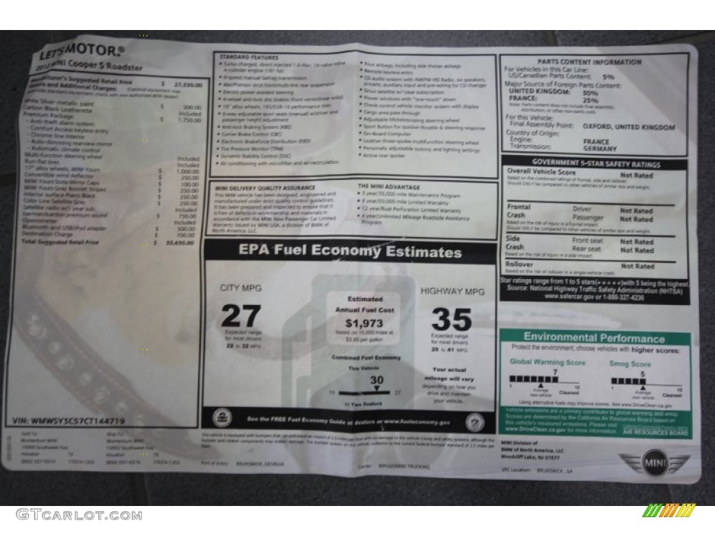 2012 Mini Cooper S Roadster Window Sticker Photo #61376178