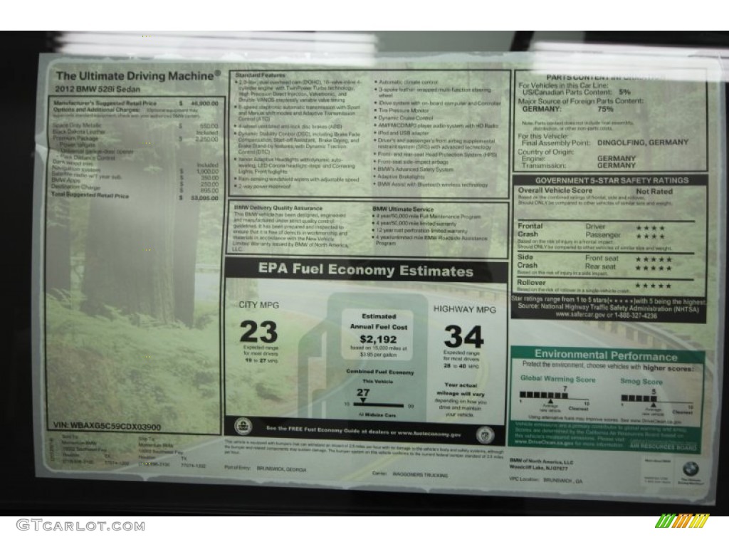 2012 BMW 5 Series 528i Sedan Window Sticker Photo #61378104