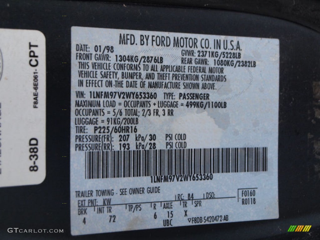 1998 Continental Color Code KW for Graphite Blue Metallic Photo #61384092