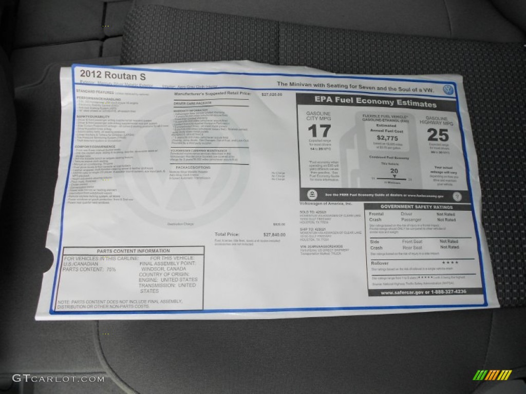 2012 Volkswagen Routan S Window Sticker Photo #61393519