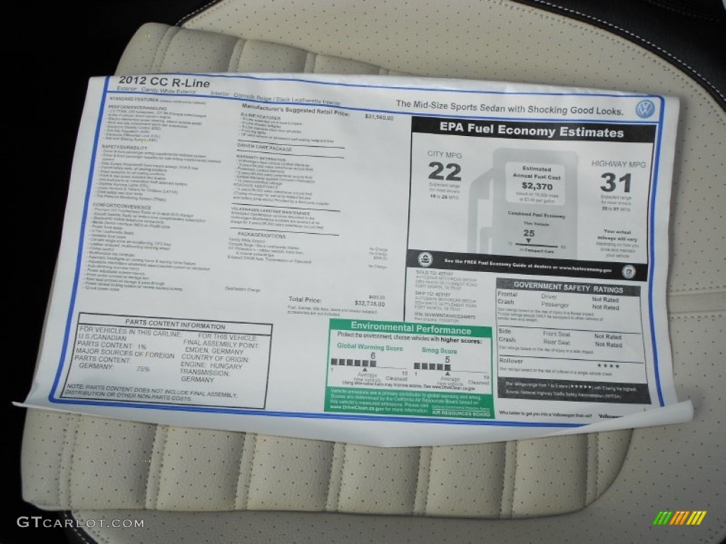 2012 Volkswagen CC R-Line Window Sticker Photo #61395649