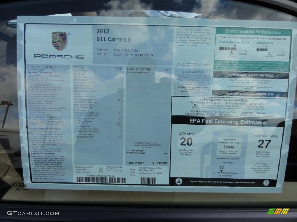 2012 Porsche New 911 Carrera S Coupe Window Sticker Photo #61413952