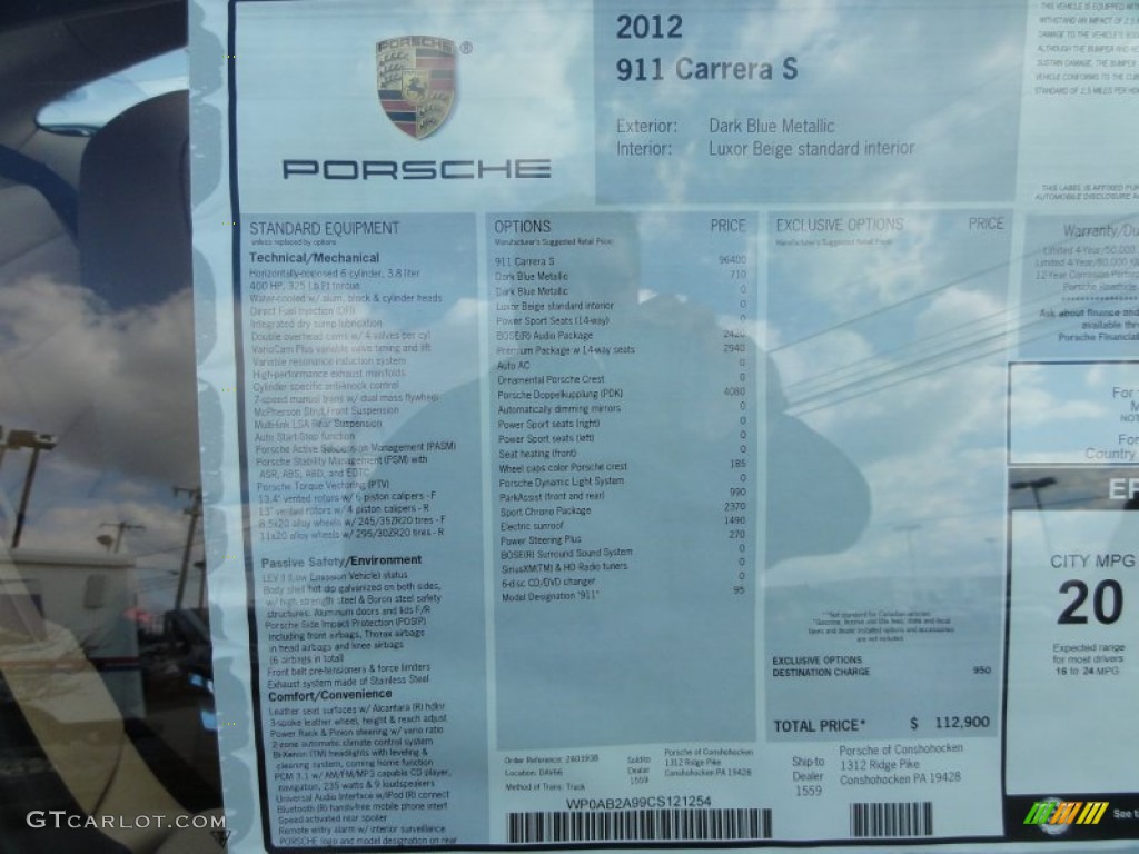 2012 Porsche New 911 Carrera S Coupe Window Sticker Photo #61413961