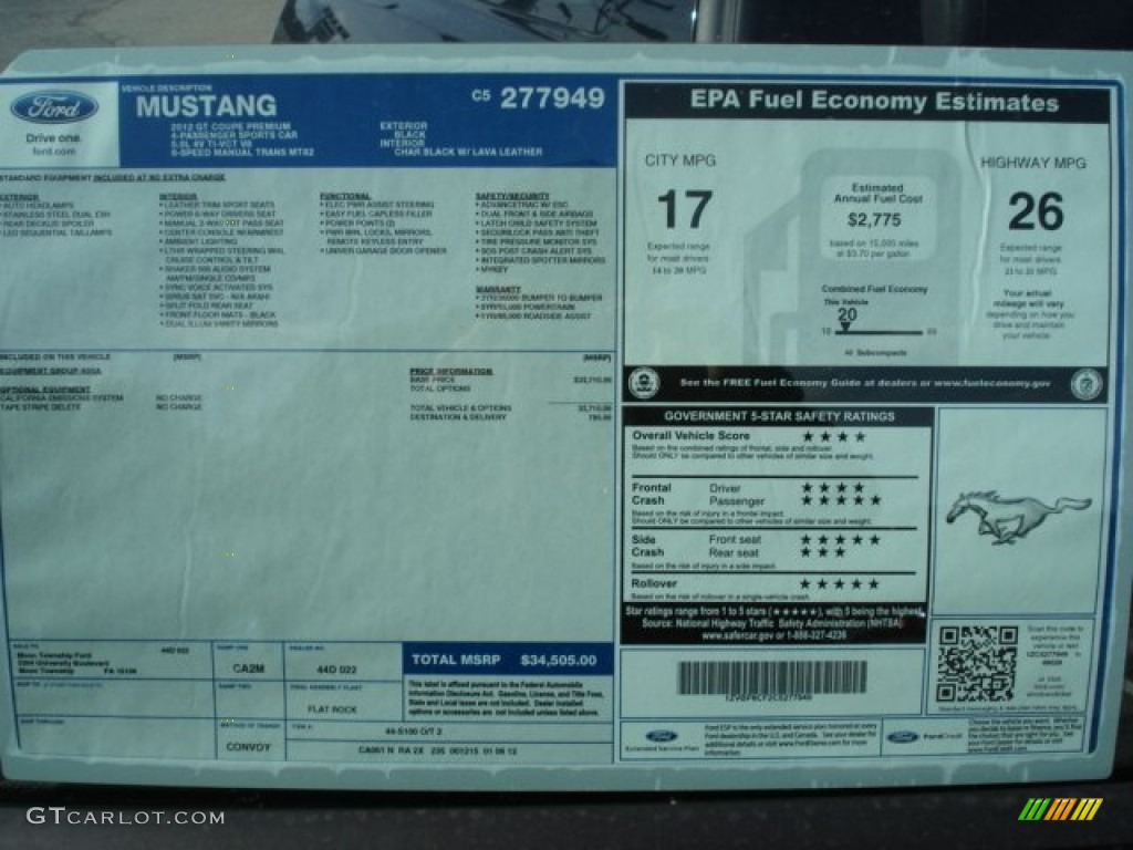 2012 Ford Mustang GT Premium Coupe Window Sticker Photo #61437855