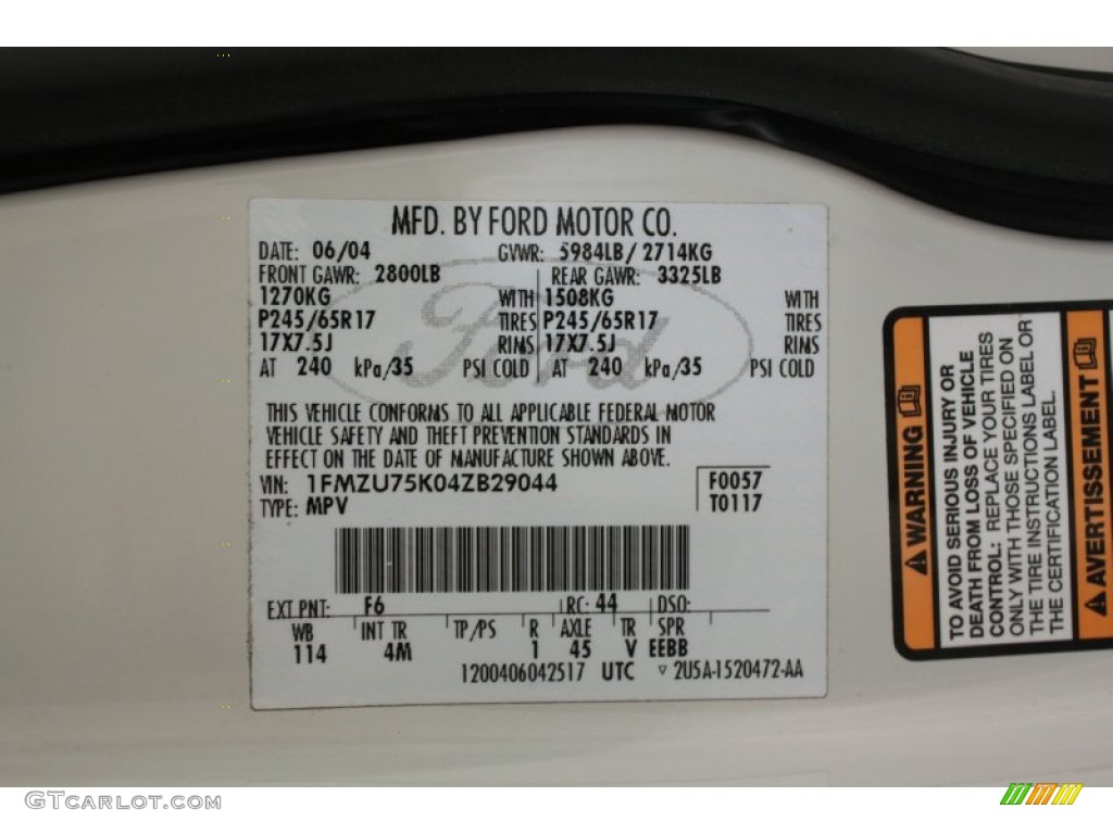 2004 Explorer Color Code F6 for Ceramic White Tri Coat Metallic Photo #61449098