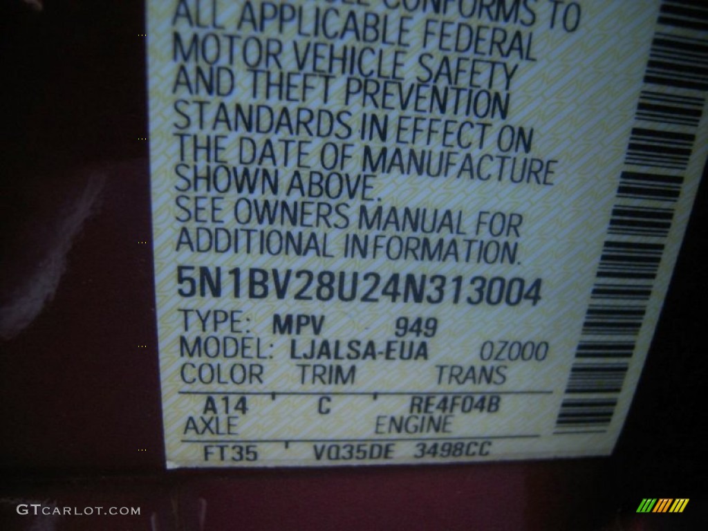 2004 Nissan Quest 3.5 S Color Code Photos