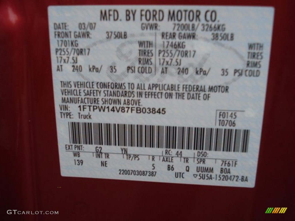2007 F150 Color Code G2 for Redfire Metallic Photo #61465068