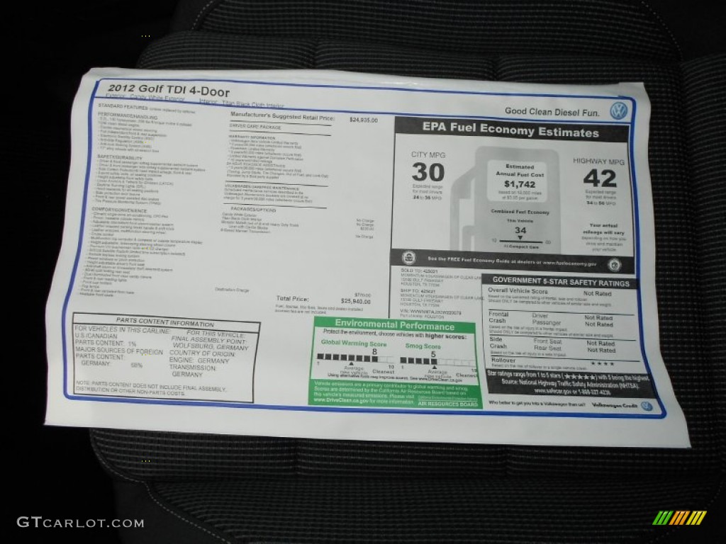 2012 Volkswagen Golf 4 Door TDI Window Sticker Photo #61474509