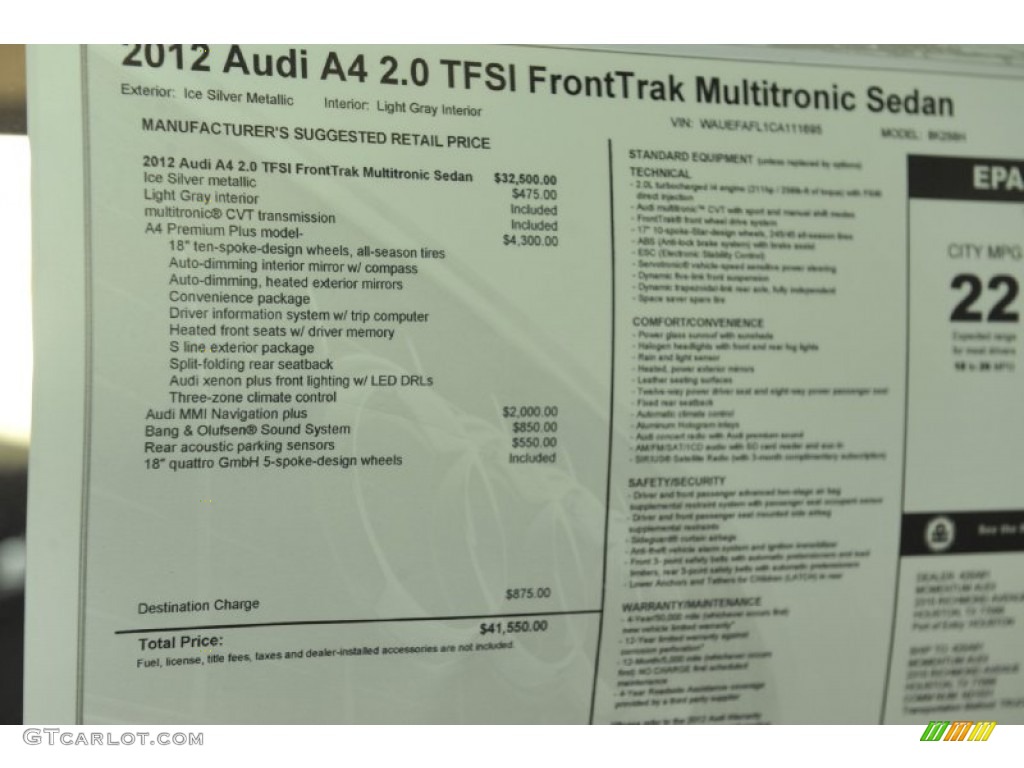 2012 Audi A4 2.0T Sedan Window Sticker Photo #61502606