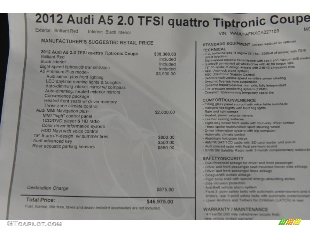 2012 Audi A5 2.0T quattro Coupe Window Sticker Photo #61503582