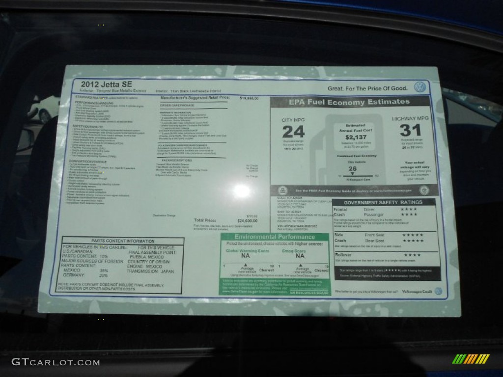 2012 Volkswagen Jetta SE Sedan Window Sticker Photo #61507872