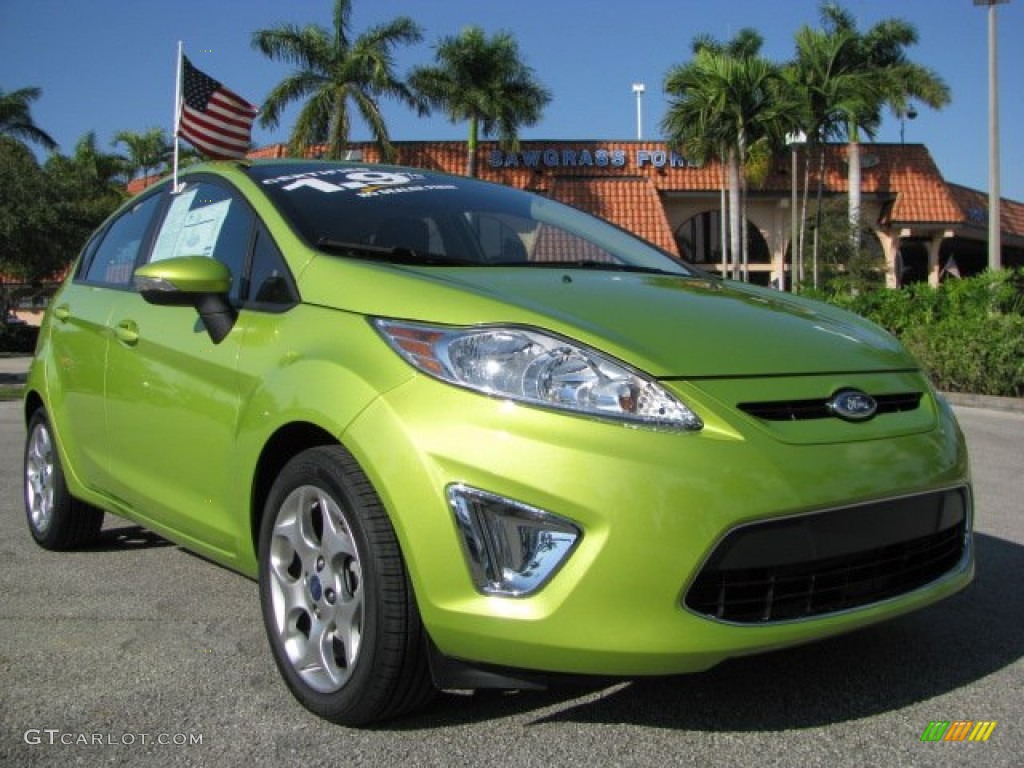 2011 Fiesta SES Hatchback - Lime Squeeze Metallic / Charcoal Black/Blue Cloth photo #2