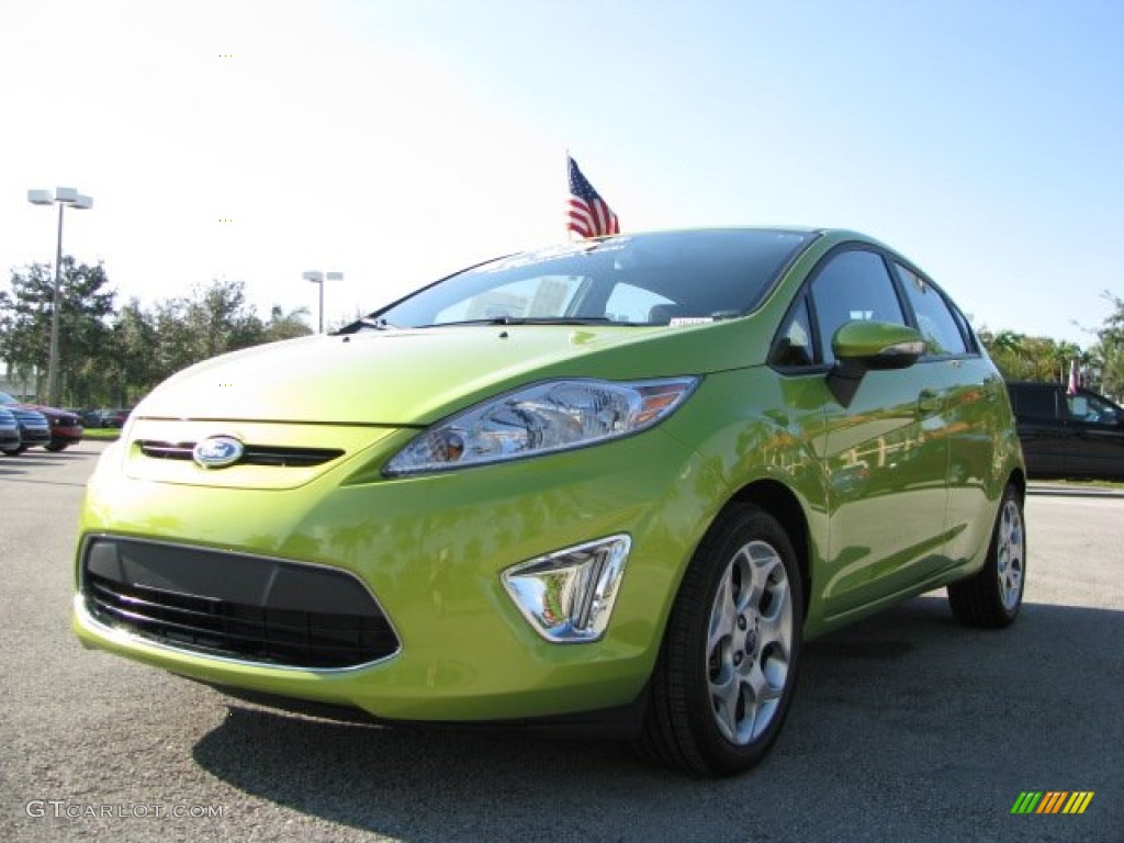 2011 Fiesta SES Hatchback - Lime Squeeze Metallic / Charcoal Black/Blue Cloth photo #14