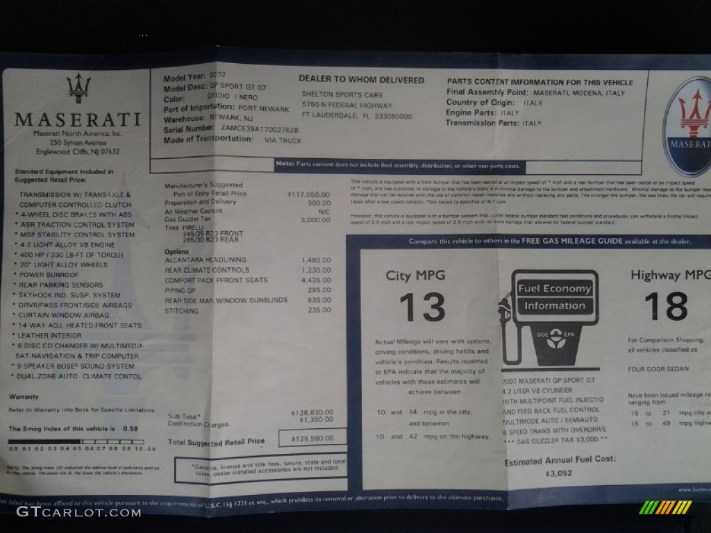 2007 Maserati Quattroporte Sport GT DuoSelect Window Sticker Photo #61520697