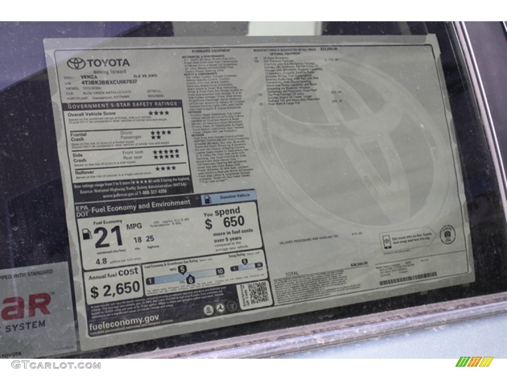 2012 Toyota Venza XLE AWD Window Sticker Photos