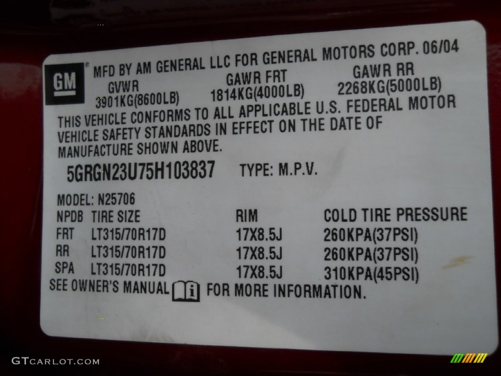 2005 Hummer H2 SUV Info Tag Photo #61535073