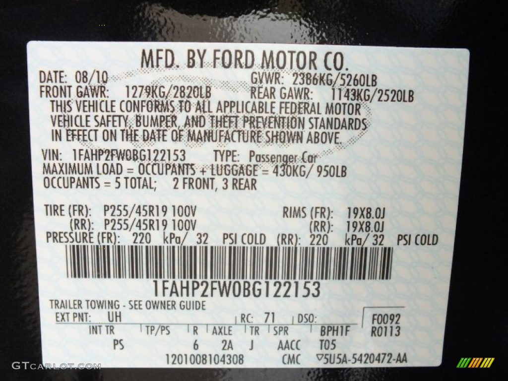 2011 Taurus Color Code UH for Tuxedo Black Photo #61538963