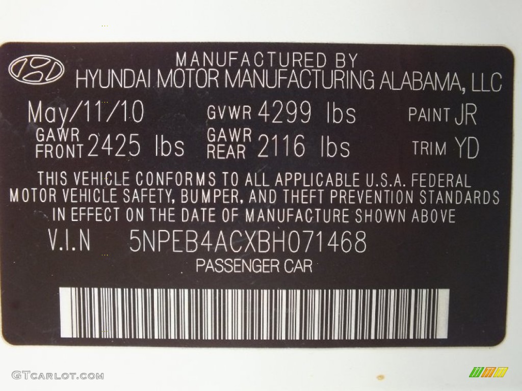 2011 Sonata Color Code JR for Pearl White Photo #61539779