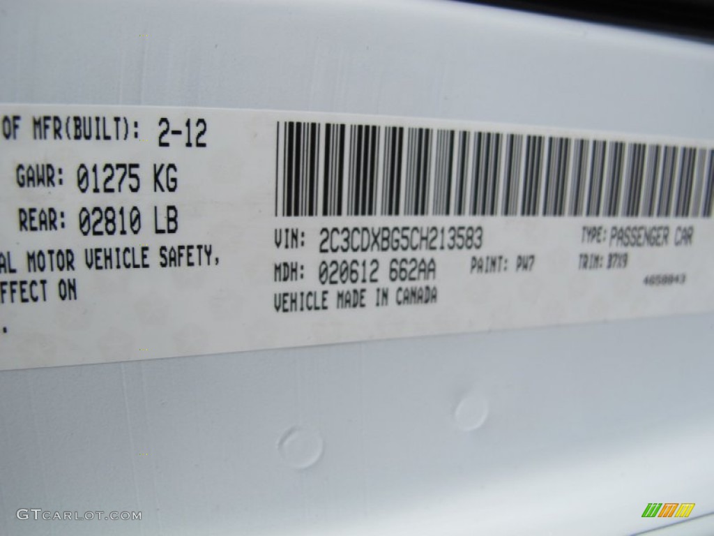 2012 Charger Color Code PW7 for Bright White Photo #61541648