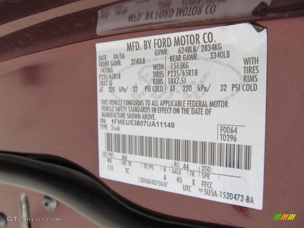 2007 Explorer Sport Trac Color Code HH for Dark Cherry Metallic Photo #61542740