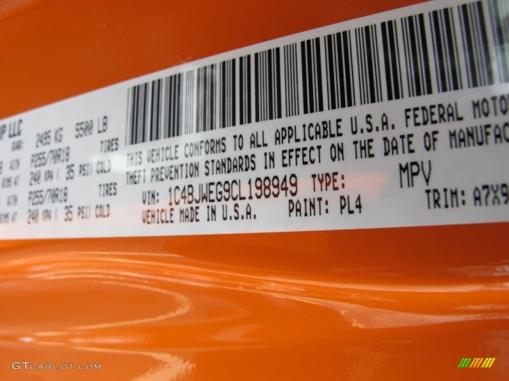 2012 Wrangler Unlimited Color Code PL4 for Crush Orange Photo #61542992