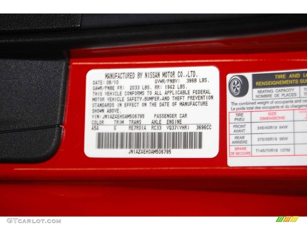2010 370Z Color Code A54 for Solid Red Photo #61543928