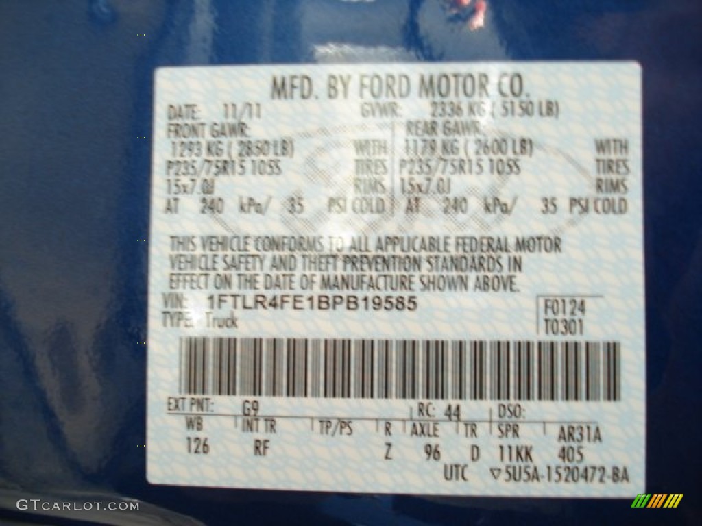 2011 Ranger Color Code G9 for Vista Blue Metallic Photo #61546235