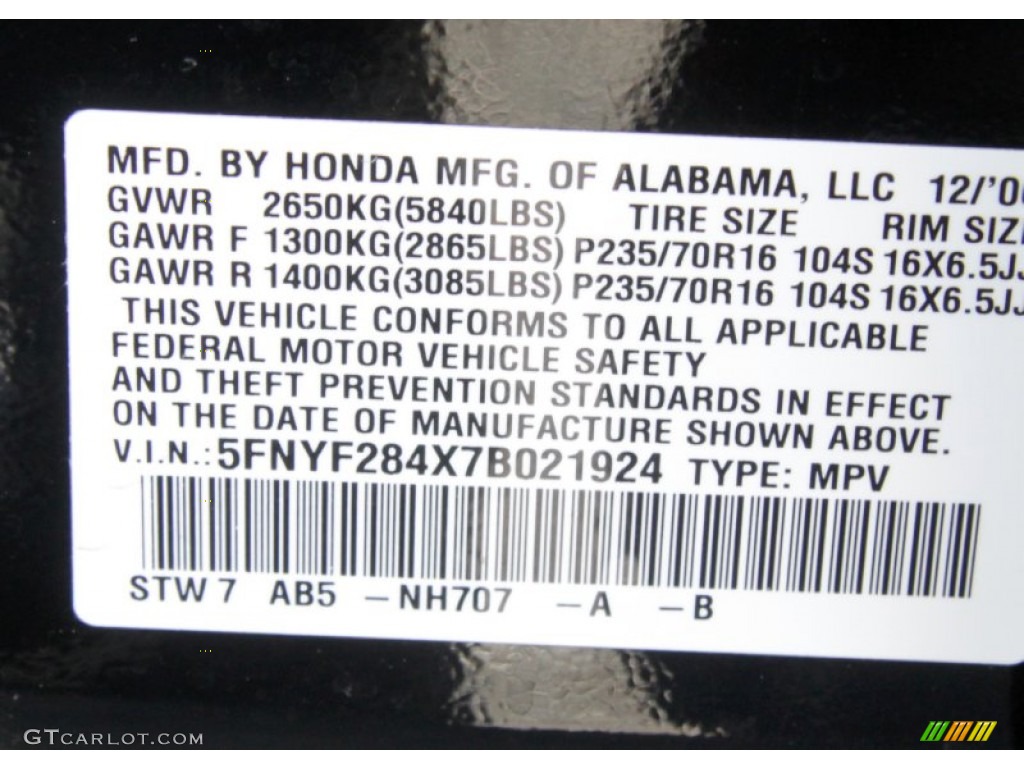 2007 Pilot Color Code NH707 for Formal Black Photo #61548353