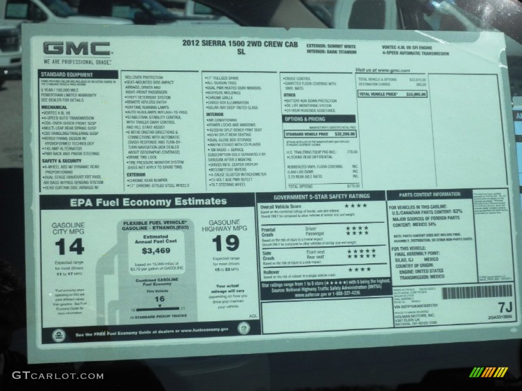 2012 GMC Sierra 1500 SL Crew Cab Window Sticker Photo #61556996