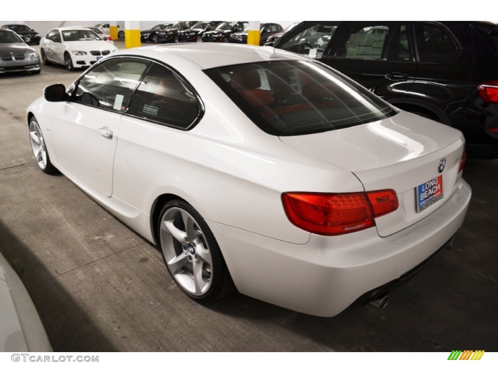 2012 3 Series 335i Coupe - Mineral White Metallic / Coral Red/Black photo #5