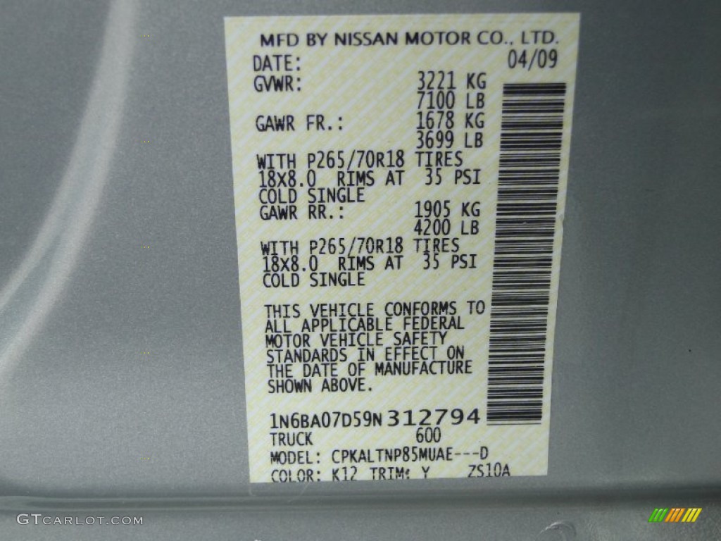 2009 Nissan Titan SE Crew Cab Color Code Photos