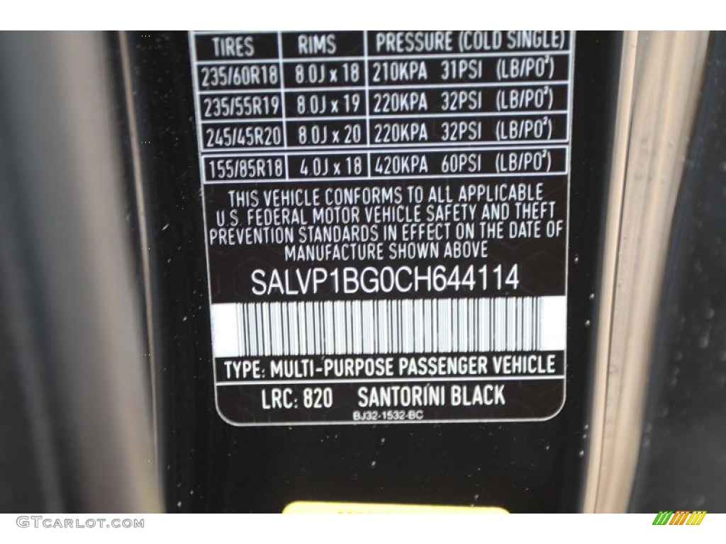 2012 Range Rover Evoque Color Code 820 for Santorini Black Metallic Photo #61563102