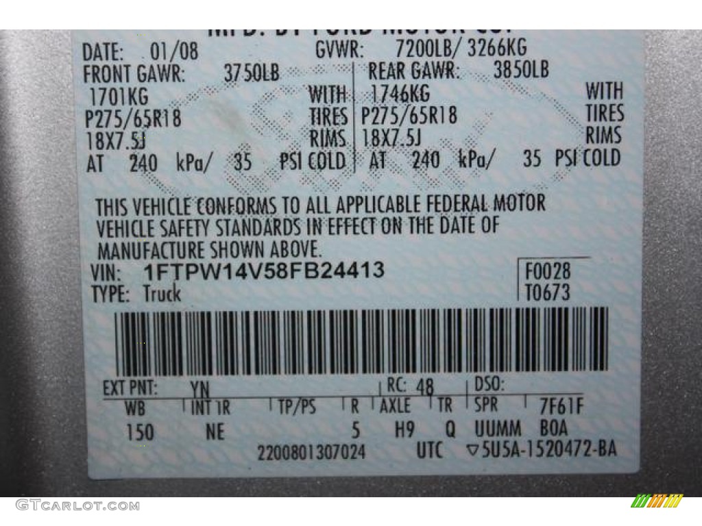 2008 F150 Color Code YN for Silver Metallic Photo #61569033