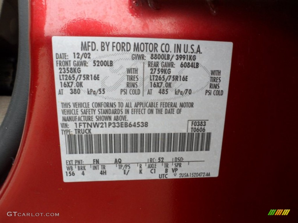2003 F250 Super Duty Color Code FN for Toreador Red Metallic Photo #61569378