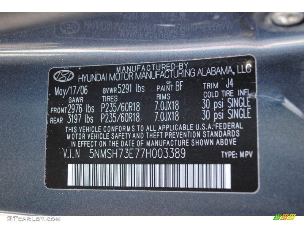 2007 Hyundai Santa Fe SE 4WD Color Code Photos
