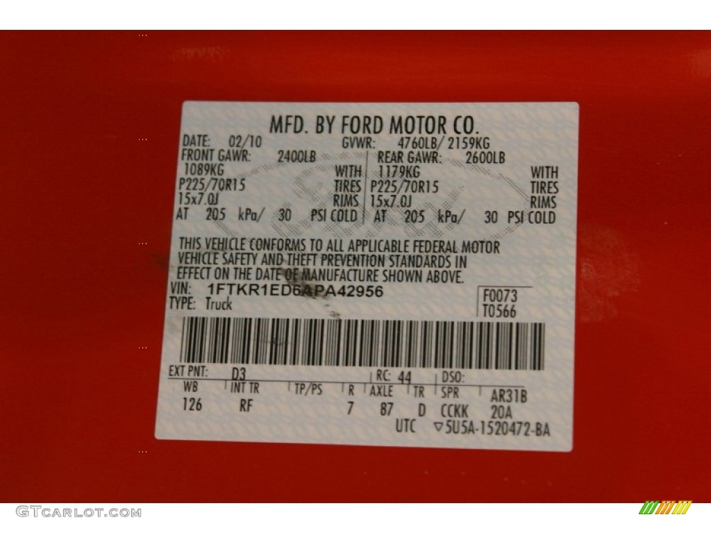 2010 Ford Ranger XL SuperCab Color Code Photos