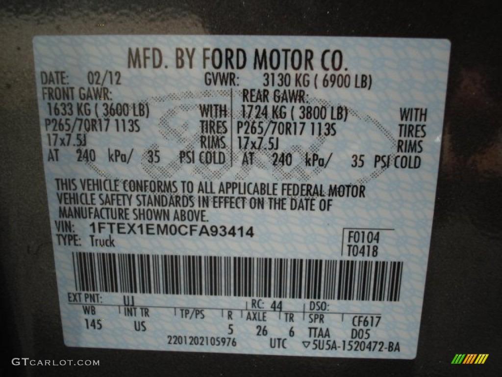 2012 F150 Color Code UJ for Sterling Gray Metallic Photo #61573944